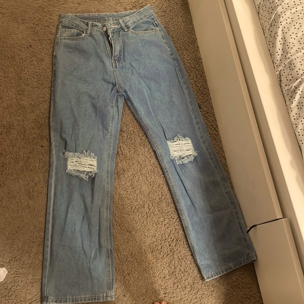 Jurllyshe Vintage Straight Ripped Middle Waist Denim Pants Stacked Jeans